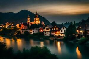 Foto tapet de himmel, vatten, berg, flod, stad, natt, Tyskland,. ai-genererad