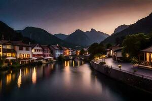 Foto tapet de himmel, berg, flod, hus, de stad, de berg, de stad. ai-genererad