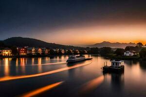 en båt är segling på de flod på solnedgång. ai-genererad foto