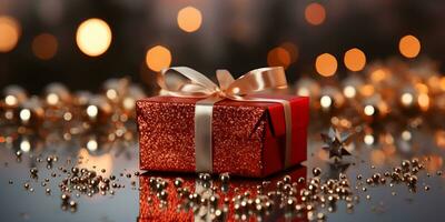 jul röd gåva låda med dekoration på suddig lysande lampor bakgrund. festlig baner styled sammansättning. foto