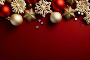 jul platt lägga attrapp med bollar, guld stjärnor och grannlåt dekoration på röd bakgrund med kopia Plats. topp se av vinter- Semester begrepp sammansättning. foto