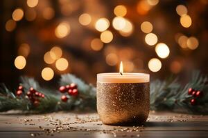 jul guld brinnande ljus på festlig gnistrande bakgrund. först första advent söndag tradition med xmas dekoration och gran grenar. kopia Plats. foto