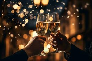 händer av ung par innehav champagne glasögon på festlig guld lysande bokeh bakgrund. firande bakgrund med gnistrande vin. foto