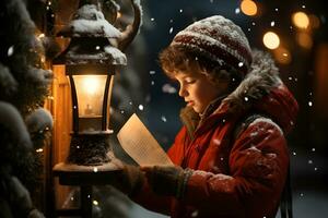 en liten pojke skicka en brev till santa claus i de jul brevlåda. vinter- tradition omgiven förbi snöflingor. foto