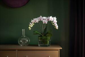 skön tropisk vit phalaenopsis orkide i en glas pott på en bröst av lådor, i ett interiör med grön vägg, mörk bakgrund. kopia Plats. ai genererad. foto