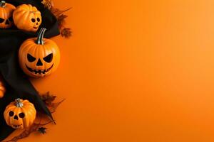 Lycklig halloween platt lägga attrapp med pumpor och spindelnät på orange bakgrund. höst Semester begrepp sammansättning. topp se med kopia Plats. genererad ai. foto