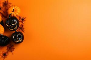 Lycklig halloween platt lägga attrapp med pumpor, spindlar och spindelnät på orange bakgrund. höst Semester begrepp sammansättning. topp se med kopia Plats. genererad ai. foto