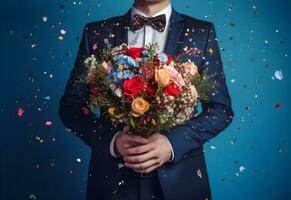 man i en kostym innehav en bukett av blommor med festlig glitter och konfetti på en mörk blå bakgrund. genererad ai. foto