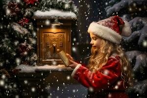 en liten flicka skicka en brev till santa claus i de jul brevlåda. vinter- tradition omgiven förbi snöflingor. ai genererad foto