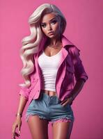 barbie docka söt blond flicka rosa utrusta rosa tapet ai generativ foto