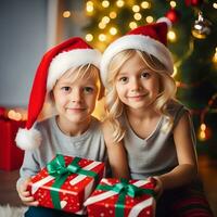 Lycklig unge med en jul gåva lådor med en dekorerad jul träd i en rum - genererad bild foto