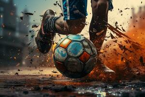 Foto stänga upp av fot sparkar de boll. ben i känga spelar fotboll i en grumlig fält. fotboll barn spelare med boll. generativ ai
