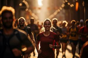 många människor är joggning i de stad gata. grupp av människor löpning utomhus under maraton händelse. generativ ai foto