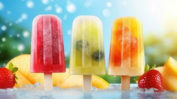 frukt is grädde popsicles på en blå bakgrund. jordgubbe, ananas, kiwi, blåbär generativ ai foto