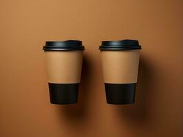 två papper kaffe koppar med svart keps på brun bakgrund. 3d tolkning generativ ai foto