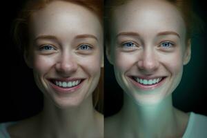 porträtt av en skön ung kvinna. innan och efter behandling. generativ ai foto