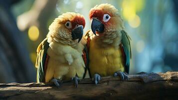 Foto av hjärtat smälter två papegojor med ett betoning på uttryck av kärlek. generativ ai