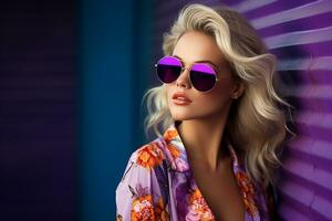 ai genererad studio porträtt av skön ung blond kvinna i solglasögon på annorlunda Färg bakgrund foto
