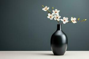 en minimalistisk svart vas med en enda vit blomma isolerat på en grå lutning bakgrund foto