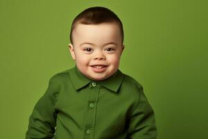 ai genererad studio porträtt av söt liten pojke med ner syndrom på annorlunda färger bakgrund foto