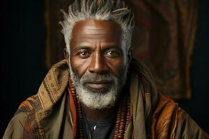 ai genererad studio porträtt av stilig äldre gammal afrikansk man på annorlunda färger bakgrund foto