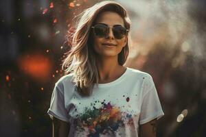 leende kvinna Framställ utanför i modern t-shirt och solglasögon. generera ai foto