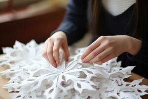 kreativ händer utformning delikat diy papper snöflingor på en snöig dag foto