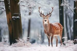 majestätisk rådjur betning lugnt i en lugn snö täckt vinter- skog foto