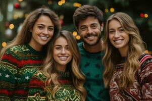 familj i 90s Semester tröjor glatt Framställ förbi en jul träd foto