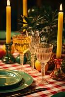 90s tema Semester tabell miljö med traditionell festlig middag och dekorationer foto