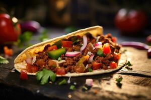 närbild skott av en gatustil taco med grillad kött, färsk salsa, och vibrerande pålägg foto
