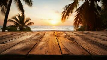 trä- tabell med en bakgrund av en tropisk strand på solnedgång foto