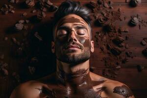 en tatuerade man hänge sig åt i en choklad ansiktsbehandling mask för hud avgiftning avkopplande spa bakgrund med tömma Plats för text foto