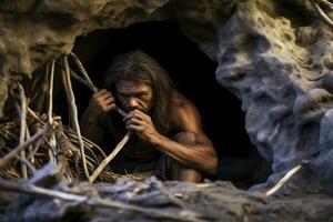 caveman byggnad en primitiv skydd med stenar och grenar foto