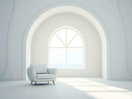 modern vit rum med välvande fönster och en stol ai generativ foto