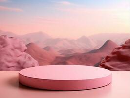tom rosa podium med rosa berg landskap på en sten i de bakgrund ai generativ foto