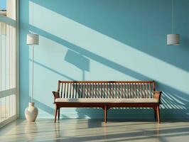 modern tömma blå rum med en bänk och solstrålar glans ai generativ foto