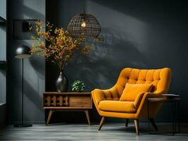 en gul stol är i främre av en grå vägg med växter ai generativ foto