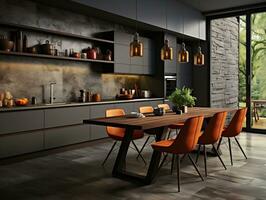 modern mörk väggar kök interiör med dining tabell och stolar ai generativ foto