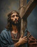 Jesus bärande korsa av lidande, symboliserar död, offra och uppståndelse foto