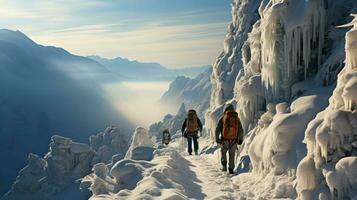vandrare i de vinter- berg. klättrare promenad längs de snö täckt spår. foto
