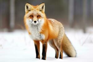 hårig djur- röd räv, vulpes vulpes, på snö i vinter. generativ ai foto