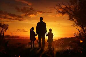 silhuett av far och barn på solnedgång. begrepp av Lycklig familj, bak- se av en Lycklig familj på solnedgång, ai genererad foto
