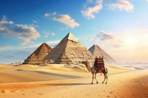 de pyramider av giza och kamel i de öken- av egypten, pyramider giza cairo i egypten med kamel husvagn panorama- naturskön se, ai genererad foto