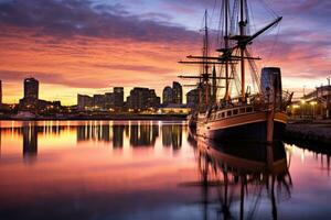 Yacht i de hamn av rotterdam på solnedgång, holland, buenos aires, puerto madero på natt, ai genererad foto
