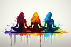 silhuetter av kvinnor mediterar med färgrik stänk på vit bakgrund, regnbåge silhuett av Lycklig yoga flickor. samtida konst collage av ung flicka mediterar, ai genererad foto