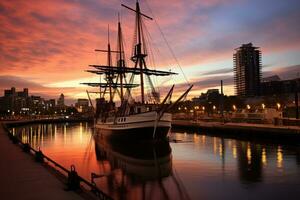 skön solnedgång över de hamn av rotterdam, holland, buenos aires, puerto madero på natt, ai genererad foto