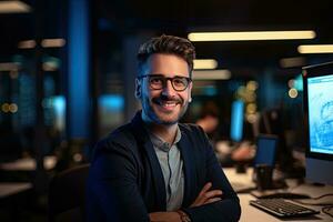 porträtt av en stilig ung affärsman bär glasögon och leende medan arbetssätt i de natt kontor, porträtt, man och leende av programmerare på dator i kontor arbetsplats på natt, ai genererad foto