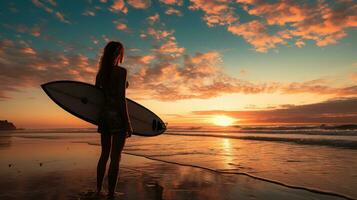 kvinna surfarens silhuett mot de horisont. silhuett av en surfare och henne styrelse. generativ ai foto