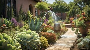 vattenbesparande trädgård praxis, visa upp droppa bevattning system och torktålig växter. generativ ai foto
